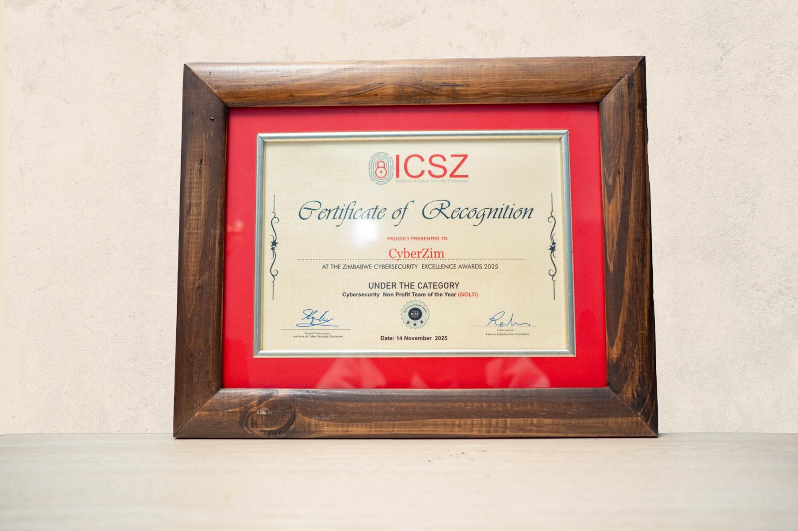 Cybersecurity Non Profit Team of the Year Gold certificate